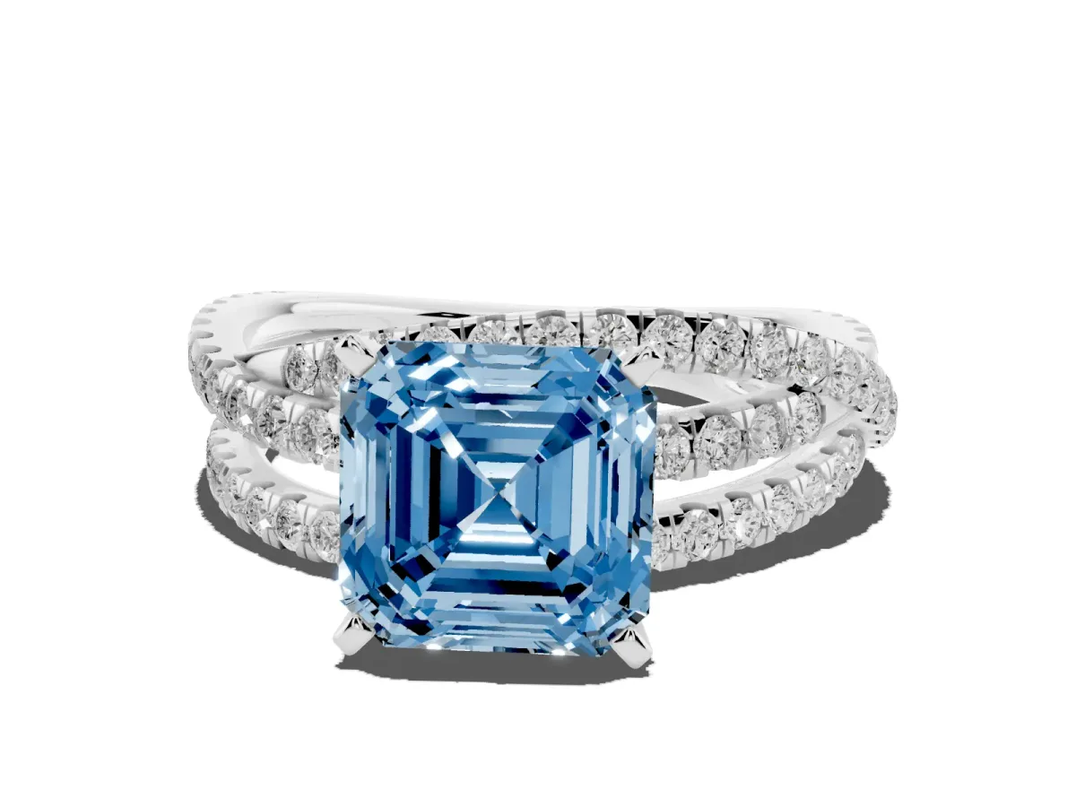 Fancy Blue Asscher Cut Solitaire Twist Band with Pavé Setting and Four-Prong Setting Silver