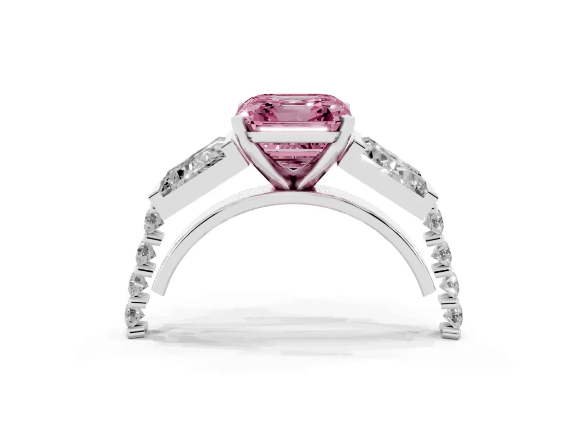 Fancy Pink Asscher Cut Diamond Engagement Ring with Baguette Side Stones and Channel Set Band White gold