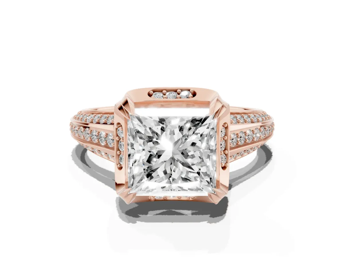 Princess Cut Solitaire Pave Split Shank Ring with Four-Prong Setting Rose gold