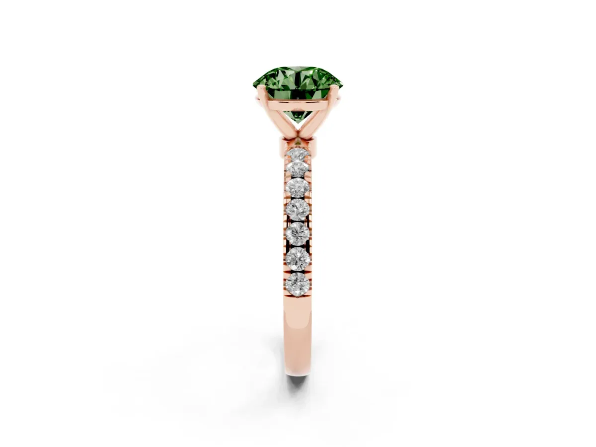 Fancy Green Round Cut Diamond Solitaire Ring with Pavé Accents and Four-Prong Setting Rose gold