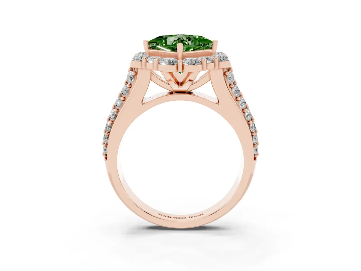 Fancy Green Princess Cut Halo Diamond Engagement Ring with Split Shank and Prong Setting Rose gold