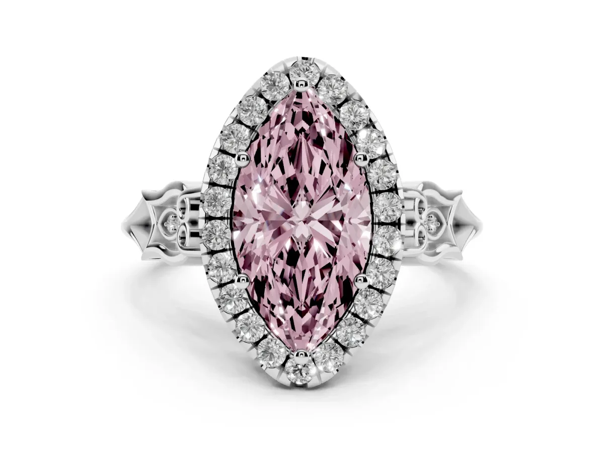 Fancy Pink Marquise Cut Halo Diamond Engagement Ring with Filigree Band and Four-Prong Setting Silver