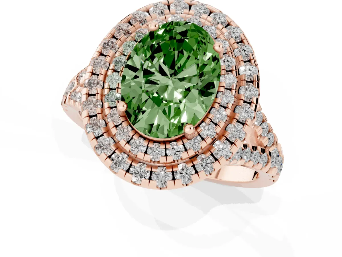 Fancy Green Double Halo Oval Cut Diamond Pavé Split Shank Ring with Prong Setting Rose gold
