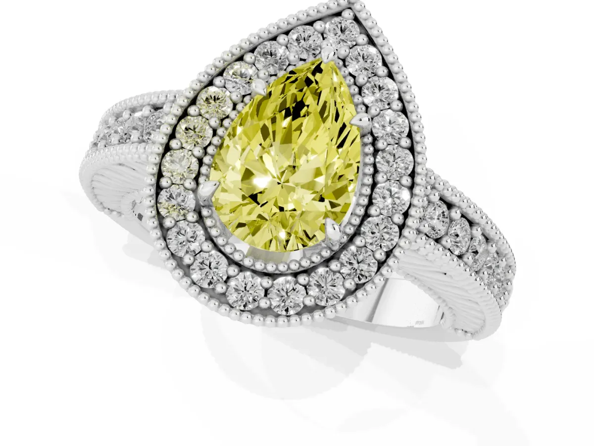 Fancy Yellow Pear Cut Cut Halo Diamond Ring with Pavé Band and Four-Prong Setting White gold