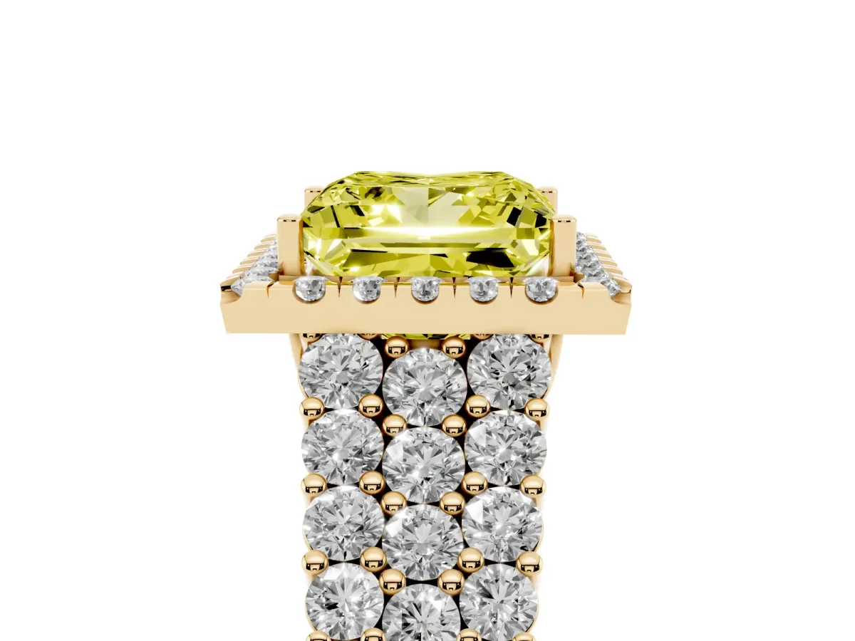 Fancy Yellow Princess Cut Diamond Halo Engagement Ring with Triple Row Round Pavé Band and Prong Setting Yellow gold