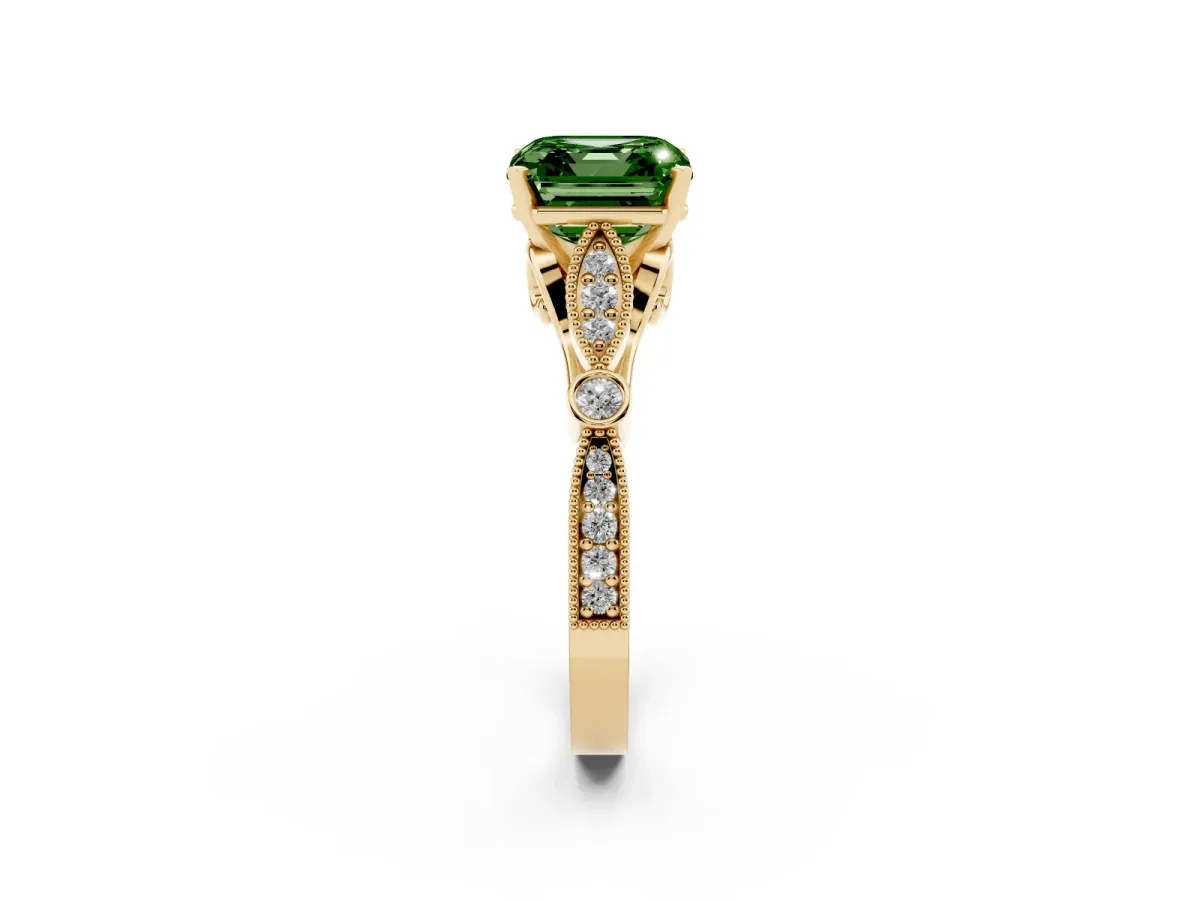 Fancy Green Asscher Cut Cut Diamond with Milgrain Marquise and Bezel Accents on a Solitaire Band with Prong Setting Yellow gold