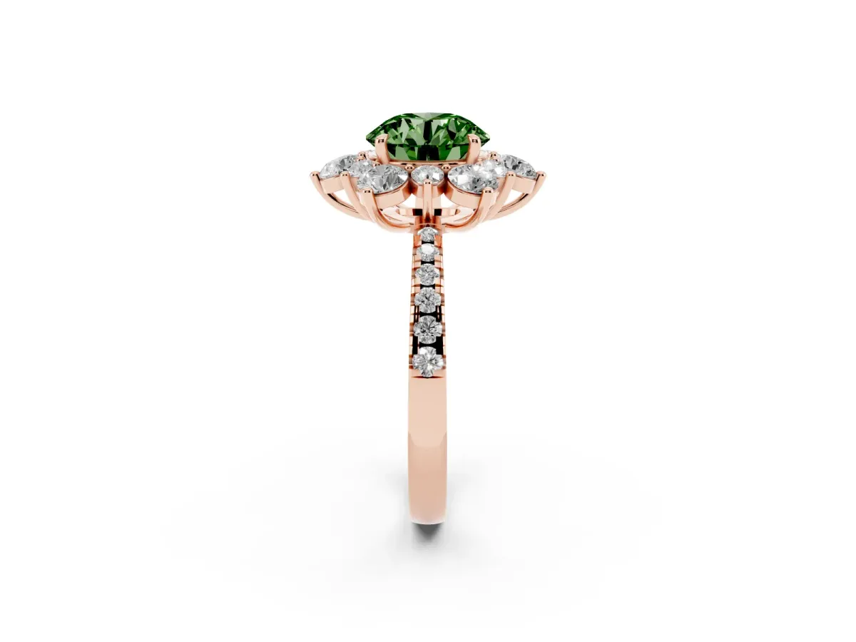Fancy Green Round Cut Diamond Floral Halo Ring with Round Pavé Band and Prong Setting Rose gold