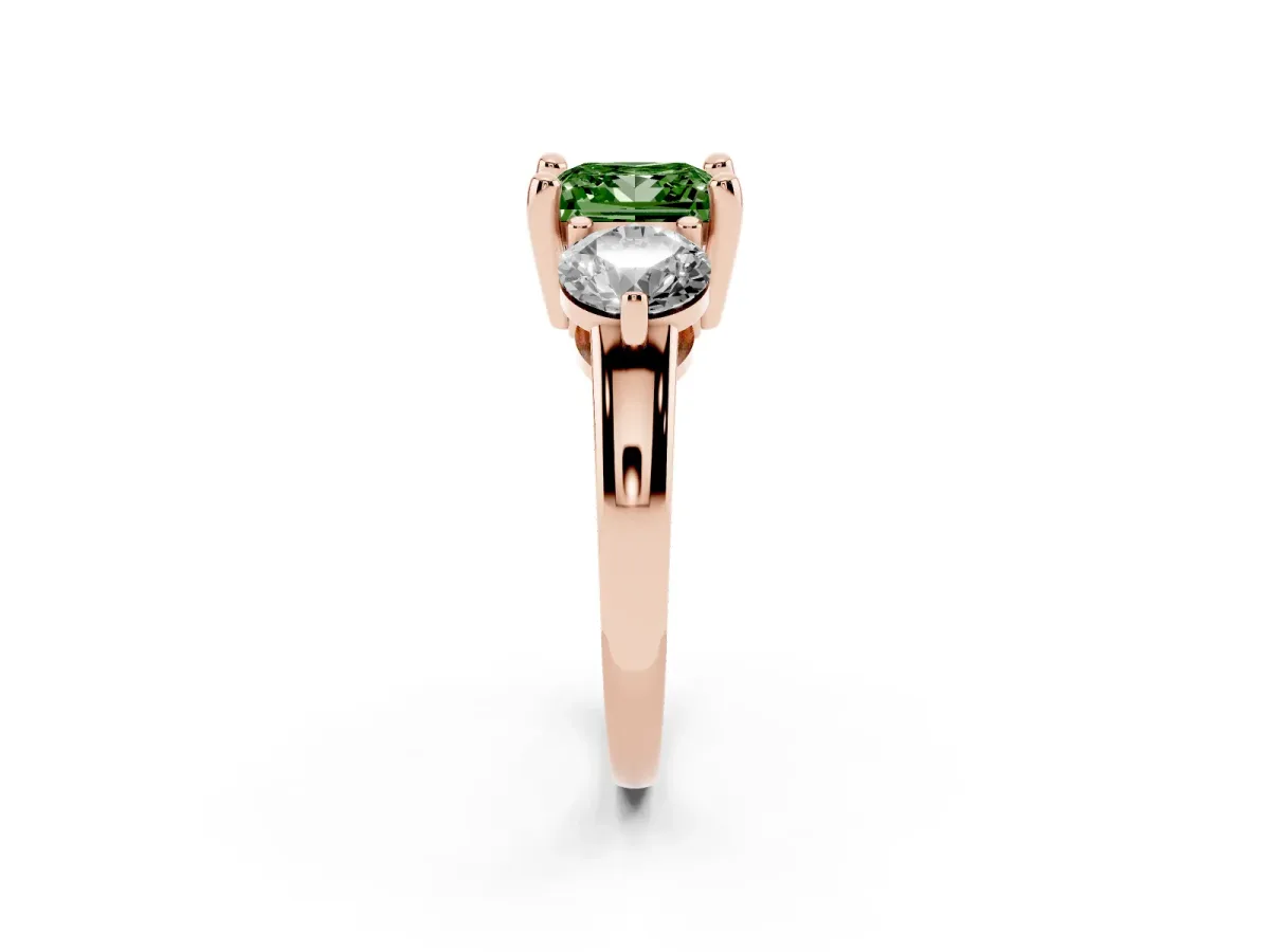 Fancy Green Three-Stone Princess Cut Brilliant Cut Solitaire Ring with Prong Setting on a Classic Band Rose gold