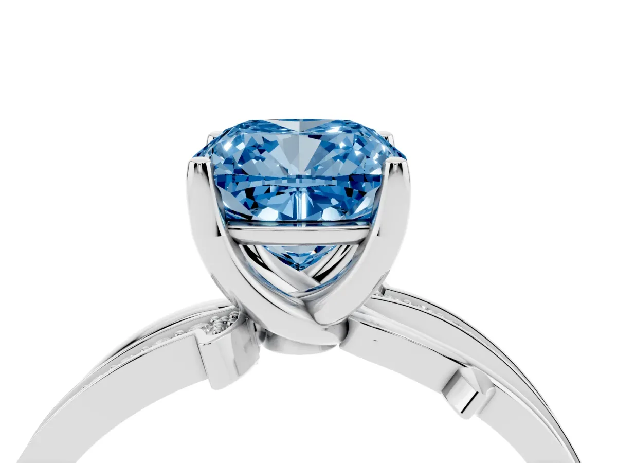 Fancy Blue Cushion Cut Solitaire Twist Band with Pavé Accents and Four-Prong Setting Silver
