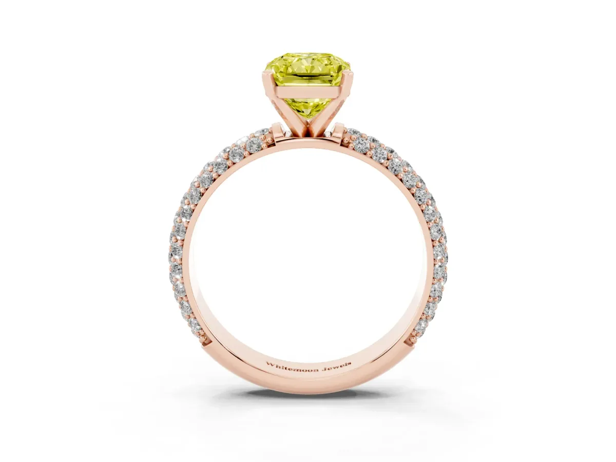Fancy Yellow Radiant Cut Diamond Solitaire Ring with Prong Setting and Pavé Band Rose gold