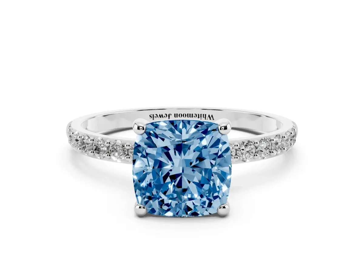 Fancy Blue Cushion Cut Diamond Solitaire Ring with Round Pavé Band and Prong Setting Silver