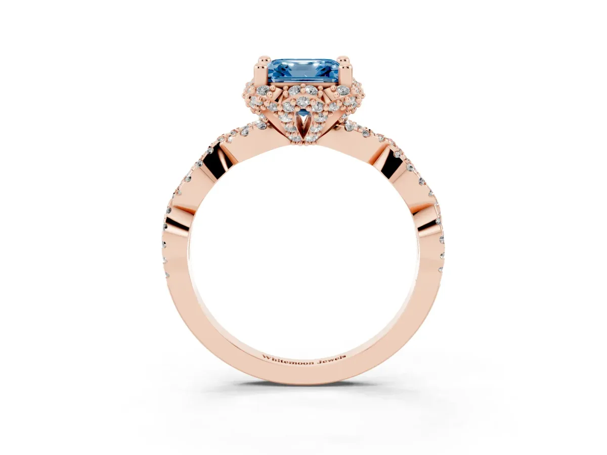 Fancy Blue Asscher Cut Halo Twist Band Solitaire Ring with Six-Prong Setting Rose gold