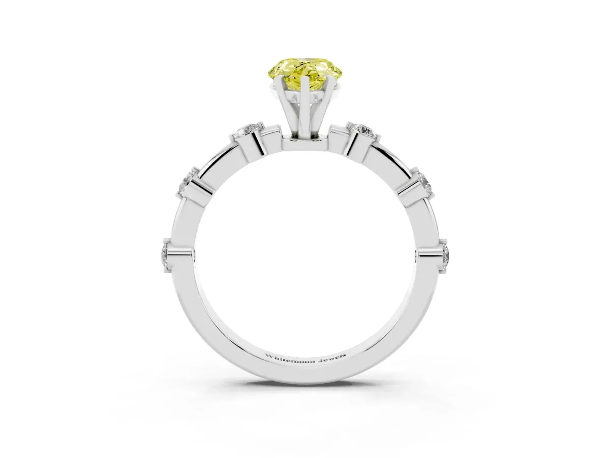 Fancy Yellow Pear Cut Solitaire Diamond Ring with Bezel Set Side Stones and Prong Setting Platinum