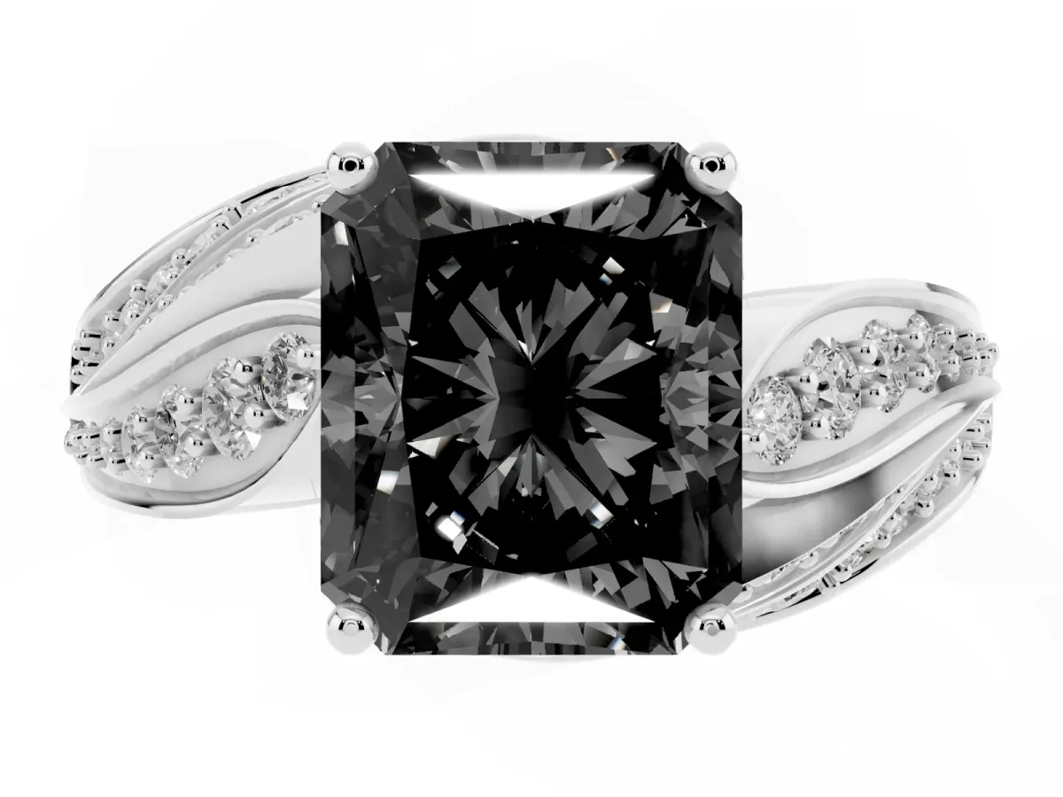 Fancy Black Radiant Cut Diamond Solitaire Ring with Prong Setting and Twisted Pavé Band Silver