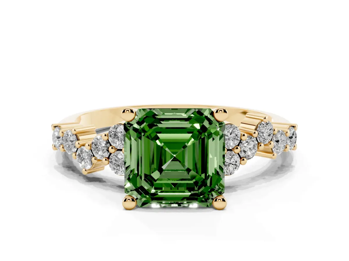Fancy Green Asscher Cut Diamond Scattered Round Accent Ring with Prong Setting Yellow gold