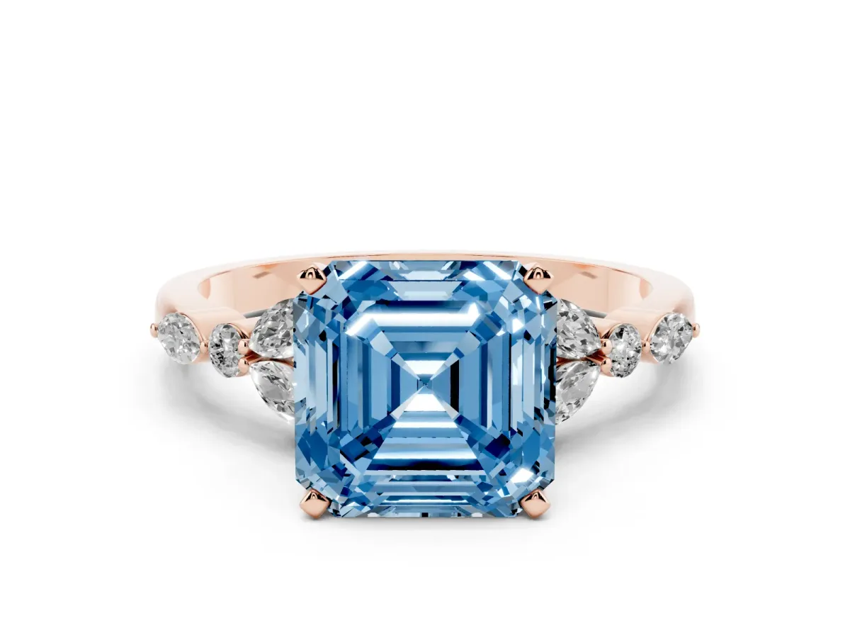 Fancy Blue Asscher Cut Diamond Solitaire Ring with Side Stones and Four-Prong Setting Rose gold