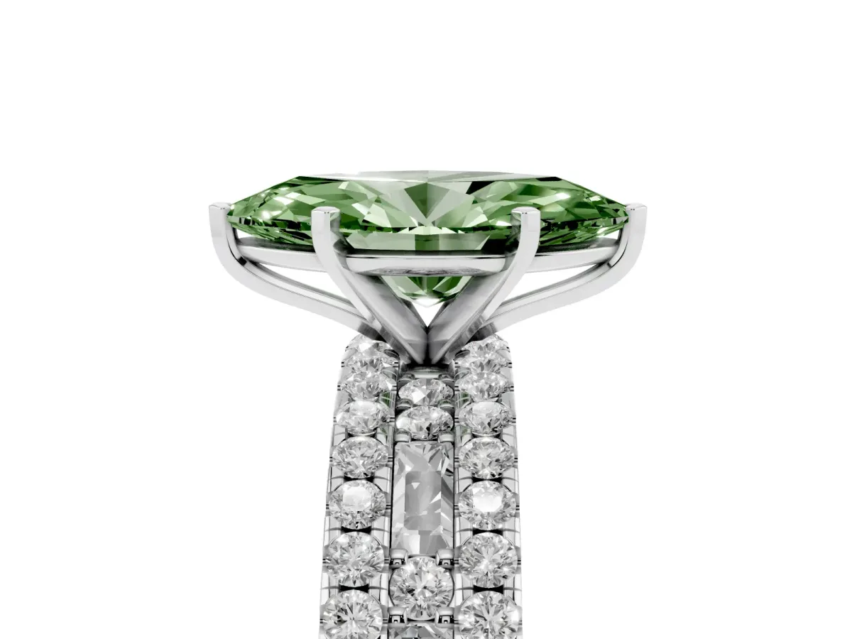 Fancy Green Marquise Cut Diamond Solitaire Ring with Pavé and Channel Set Band Platinum