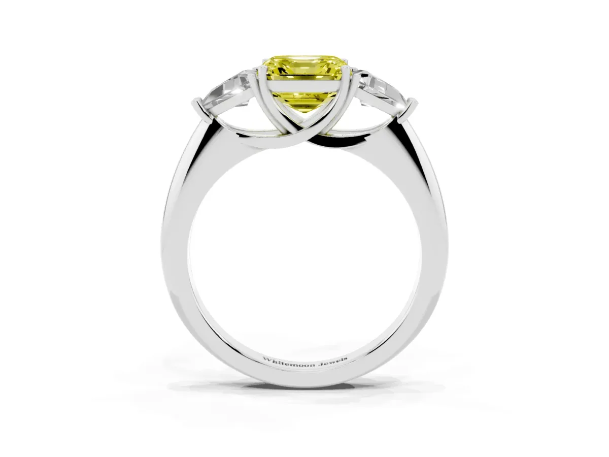 Fancy Yellow Three-Stone Asscher Cut Diamond Engagement Ring with Trillion Side Stones and Prong Setting Silver