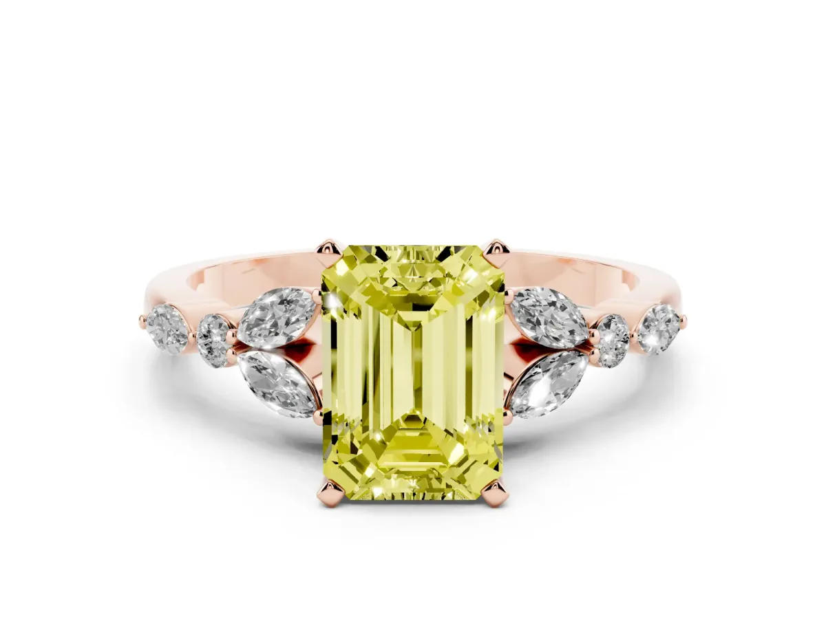 Fancy Yellow Emerald Cut Diamond Solitaire Ring with Side Stones and Four-Prong Setting Rose gold
