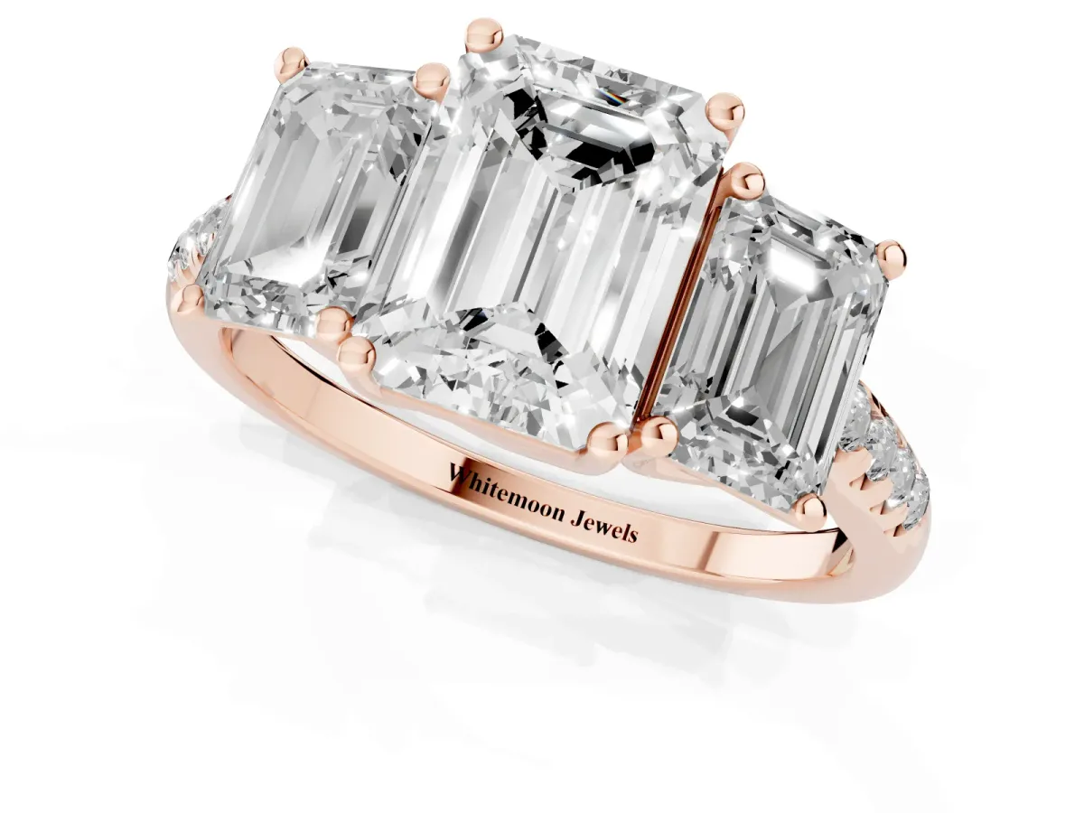 Three-Stone Emerald Cut Diamond Ring with Round Pavé Band and Prong Setting Rose gold