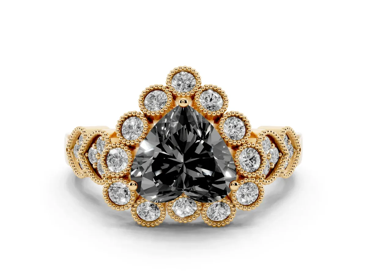Fancy Black Heart Cut Brilliant Milgrain Pave Heart Band Solitaire Ring Yellow gold