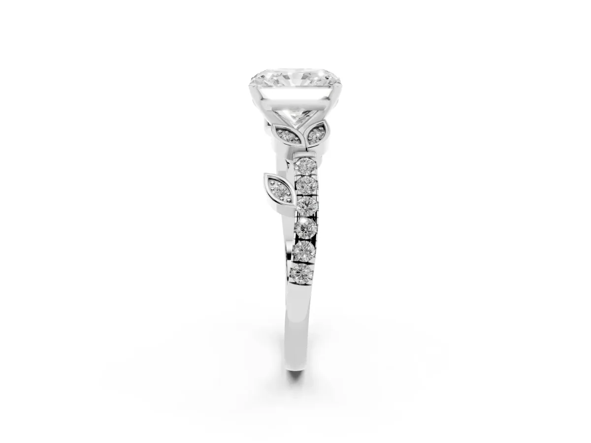 Radiant Cut Solitaire Leaf-Inspired Diamond Ring with Pavé Band and Four-Prong Setting Silver