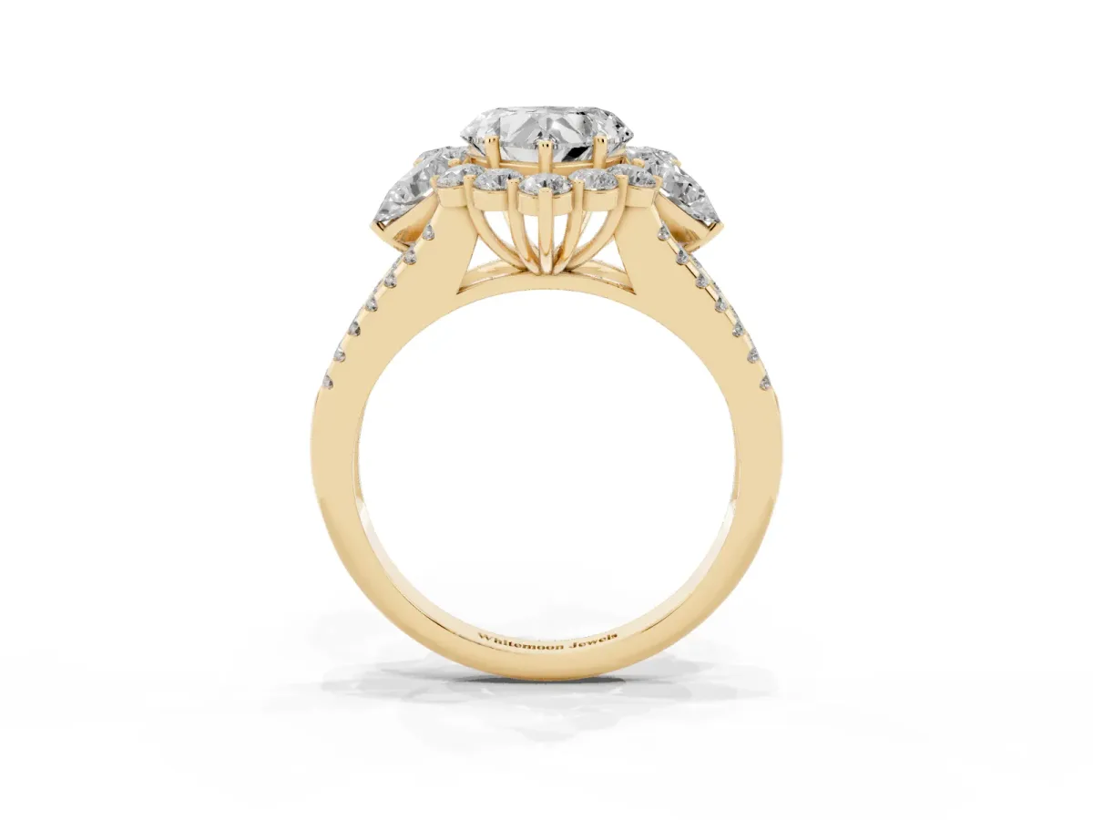 Heart Cut Halo Split Shank Diamond Engagement Ring with Prong Setting Yellow gold