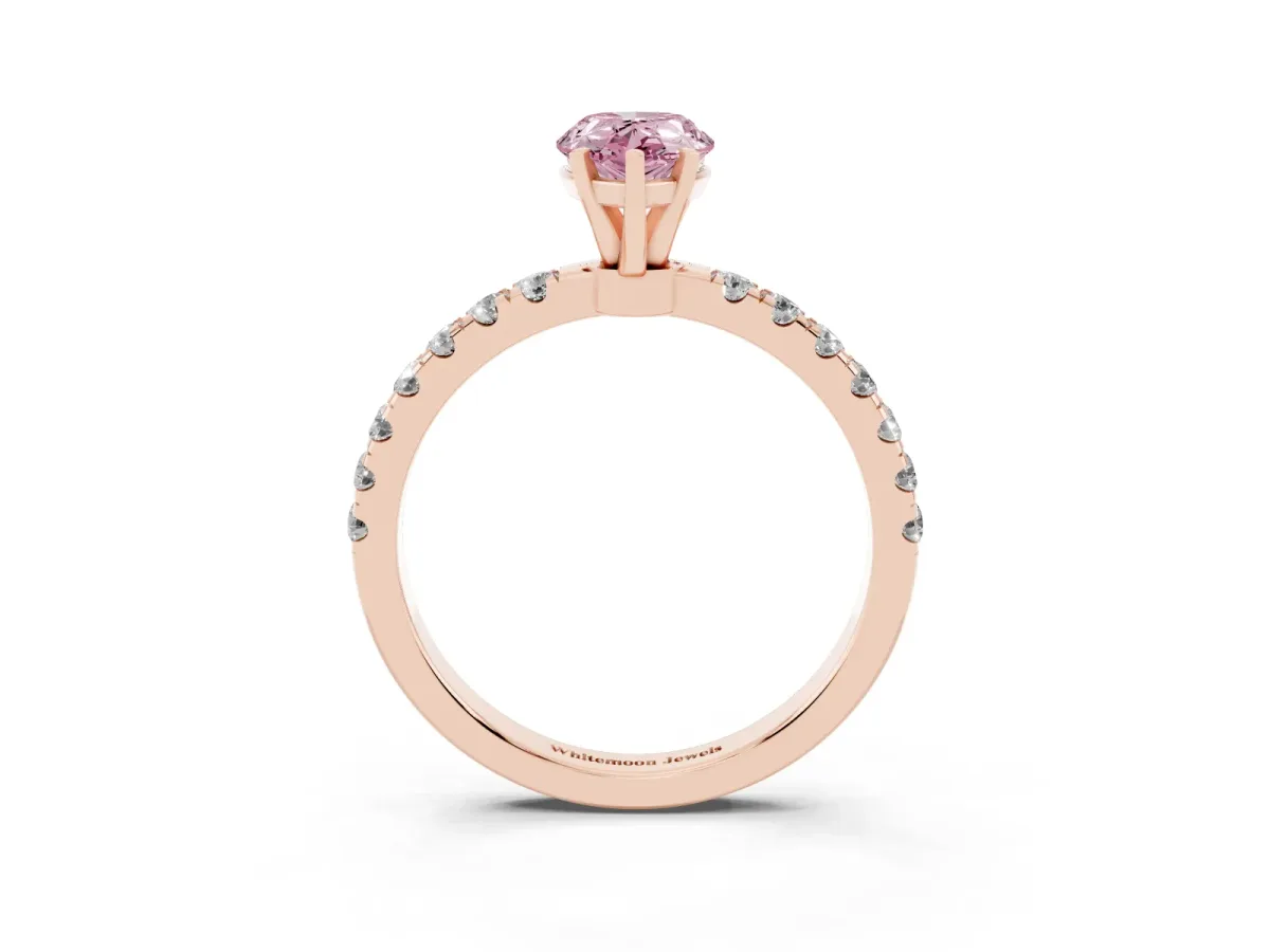 Fancy Pink Pear Cut Diamond Solitaire Ring with Pavé Accents and Four-Prong Setting Rose gold