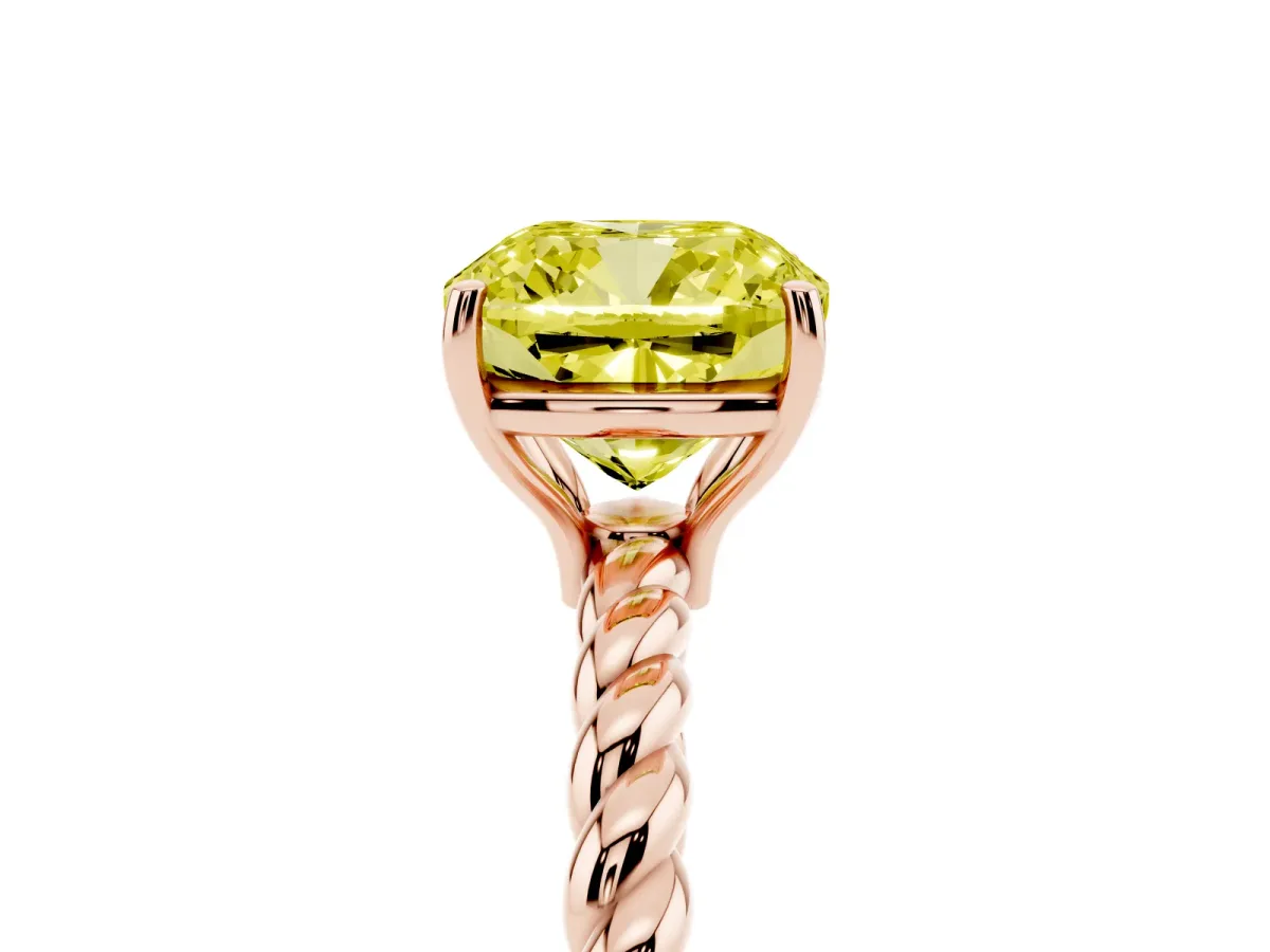 Fancy Yellow Cushion Cut Solitaire Twist Band Ring with Four-Prong Setting Rose gold