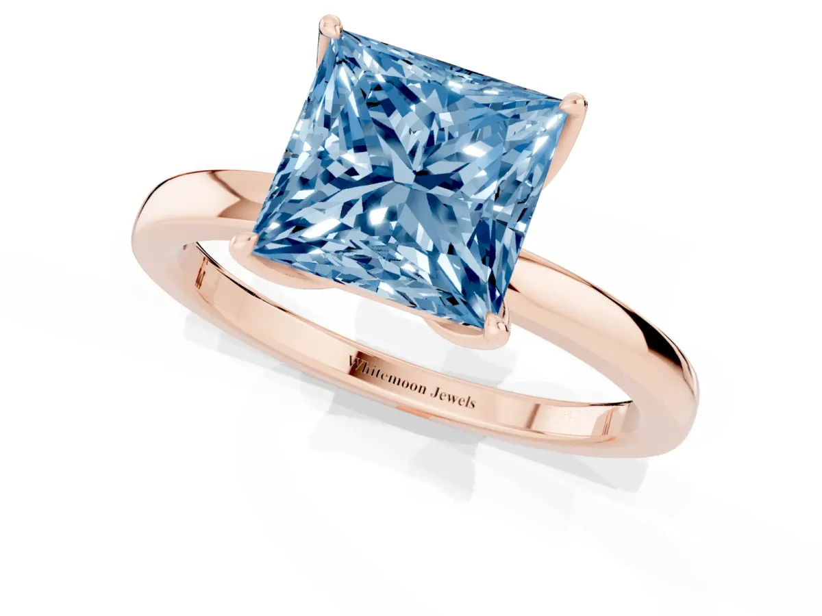 Fancy Blue Princess Cut Diamond Solitaire Ring with Thin Band and Prong Setting Rose gold