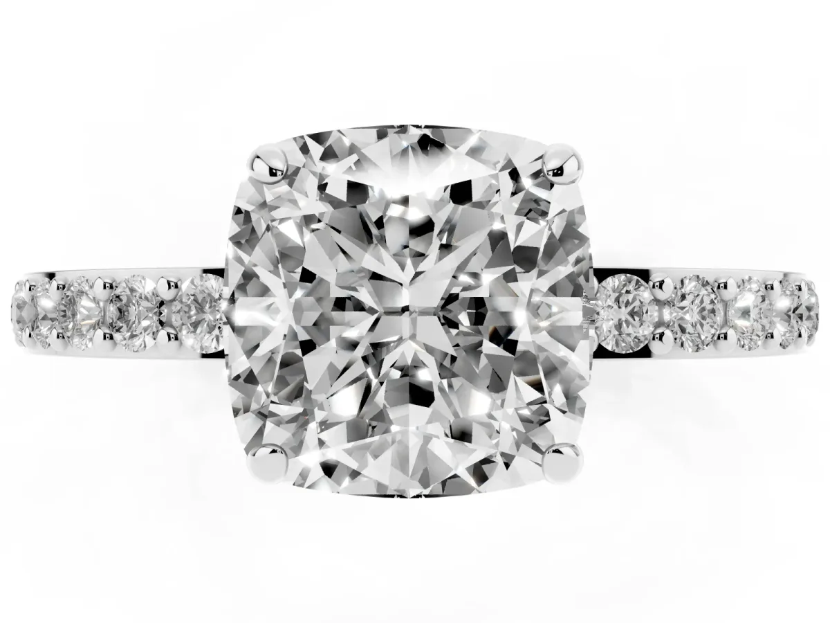 Cushion Cut Diamond Pavé Engagement Ring with Round Accents and Prong Setting Platinum