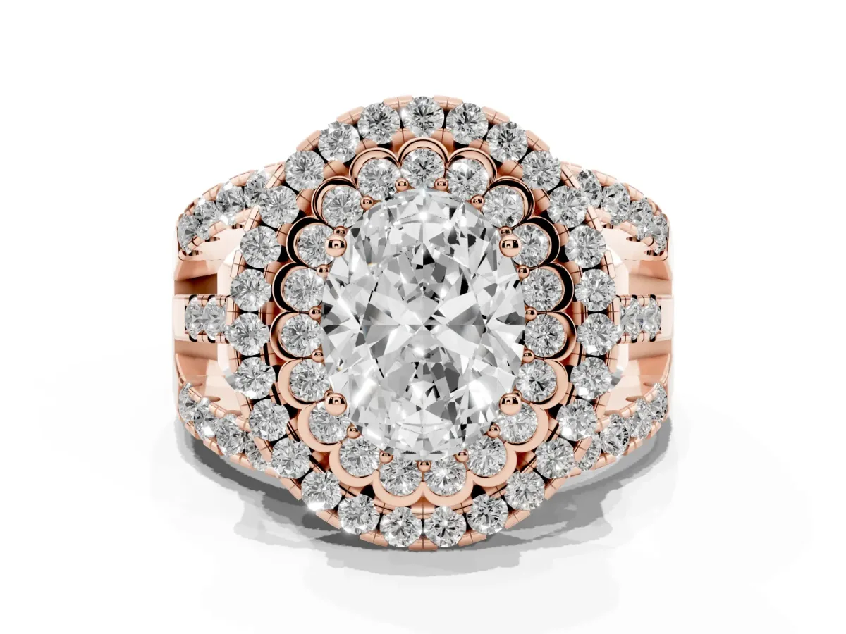 Oval Cut Diamond Double Halo Ring with Round Pavé Split Shank and Prong Setting Rose gold
