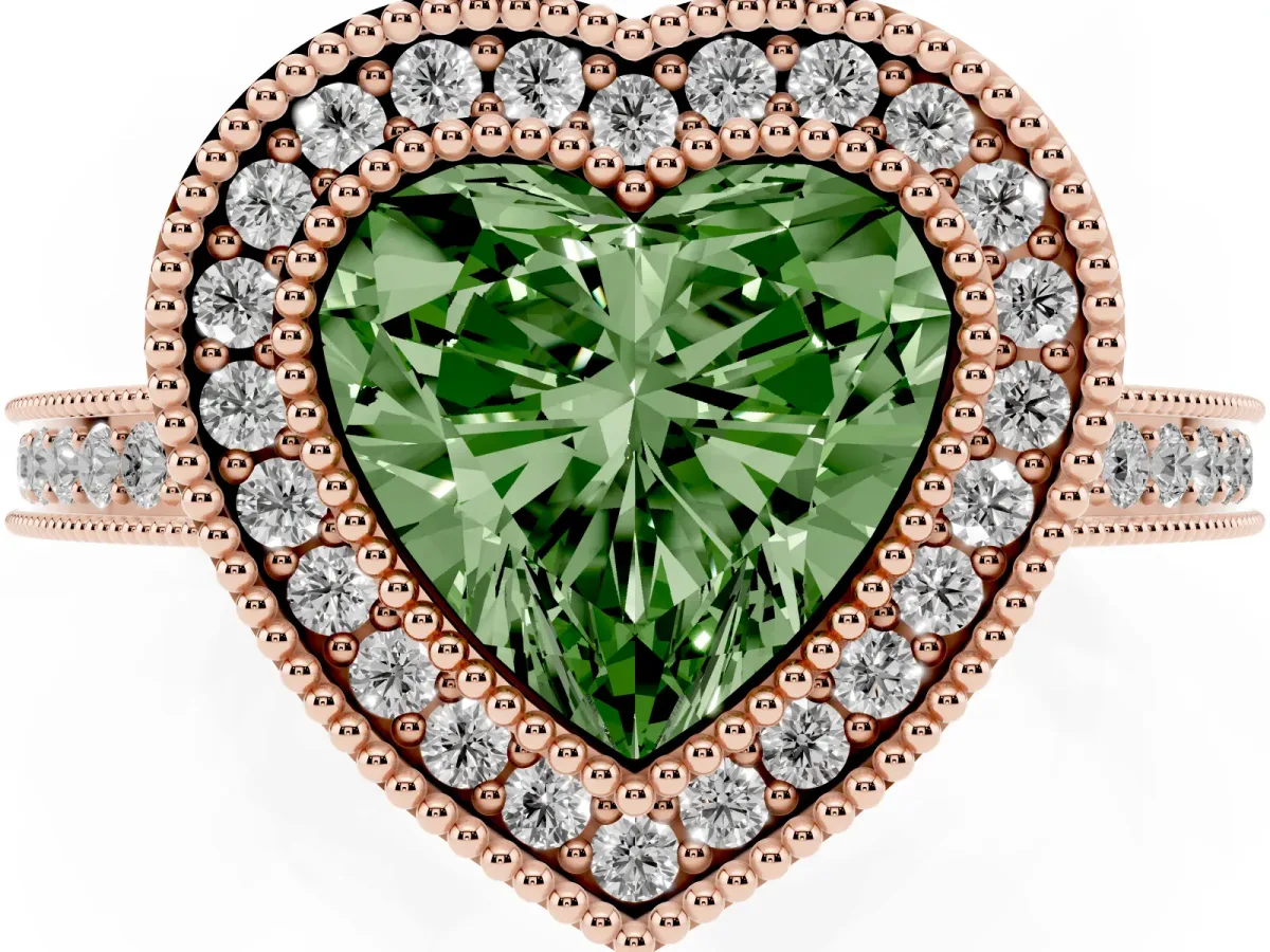Fancy Green Heart Cut Cut Halo Diamond Ring with Pavé Band and Milgrain Prong Setting Rose gold
