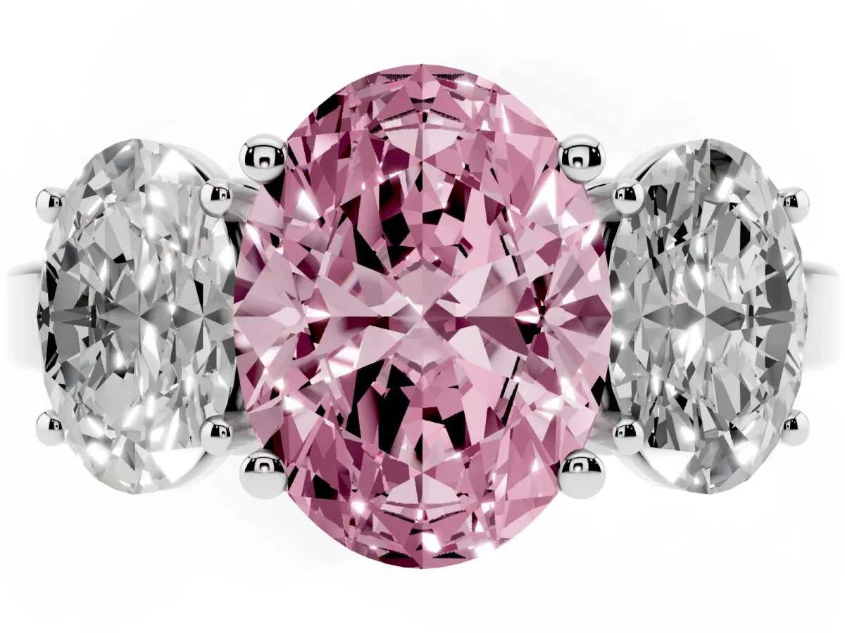 Fancy Pink Three-Stone Oval Cut Cut Diamond Engagement Ring with Flat Band and Four-Prong Setting Silver