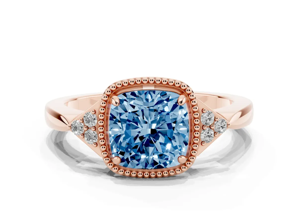 Fancy Blue Cushion Cut Diamond Halo Ring with Tapered Band and Four-Prong Setting Rose gold