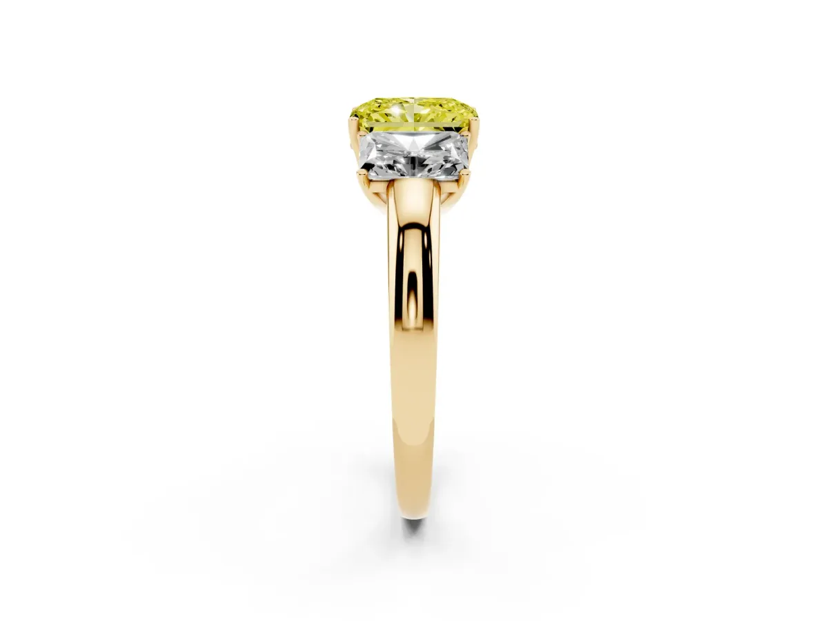 Fancy Yellow Radiant Cut Diamond Three-Stone Ring with Four-Prong Setting and Classic Band Yellow gold