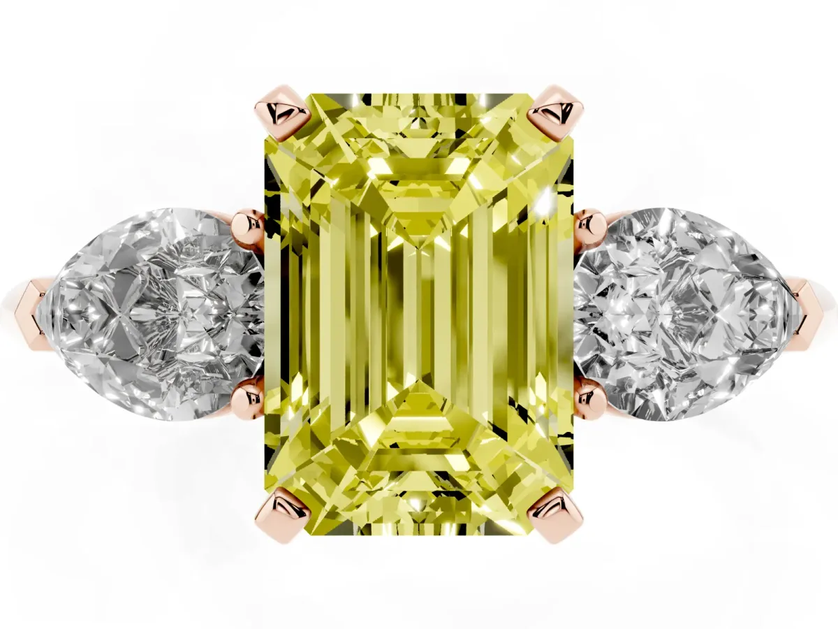 Fancy Yellow Three-Stone Emerald Cut Diamond Ring with Pear Side Stones and Four-Prong Setting Rose gold