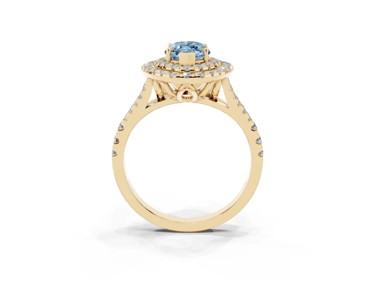 Fancy Blue Double Halo Marquise Cut Diamond Pavé Split Shank Ring with Prong Setting Yellow gold