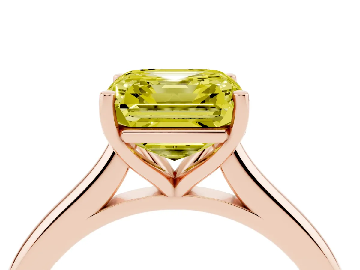 Fancy Yellow Asscher Cut Cut Solitaire Ring with Cathedral Band and Four-Prong Setting Rose gold