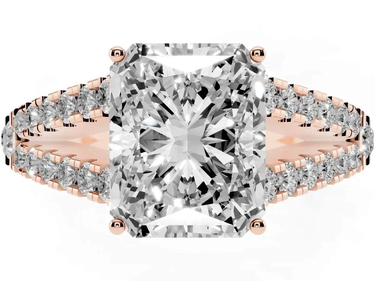 Radiant Cut Diamond Split Shank Engagement Ring with Round Pavé and Prong Setting Rose gold