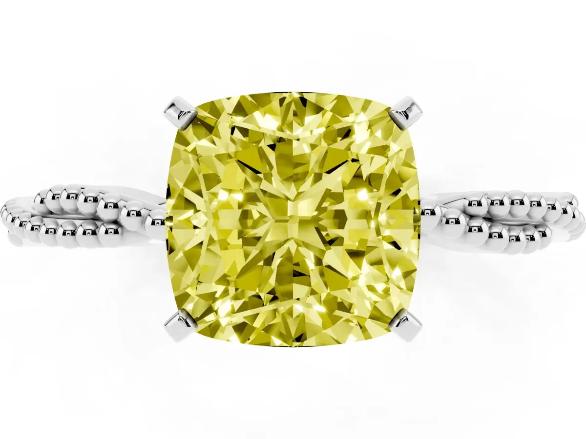 Fancy Yellow Cushion Cut Solitaire Twisted Band with Bead Prong Setting Platinum