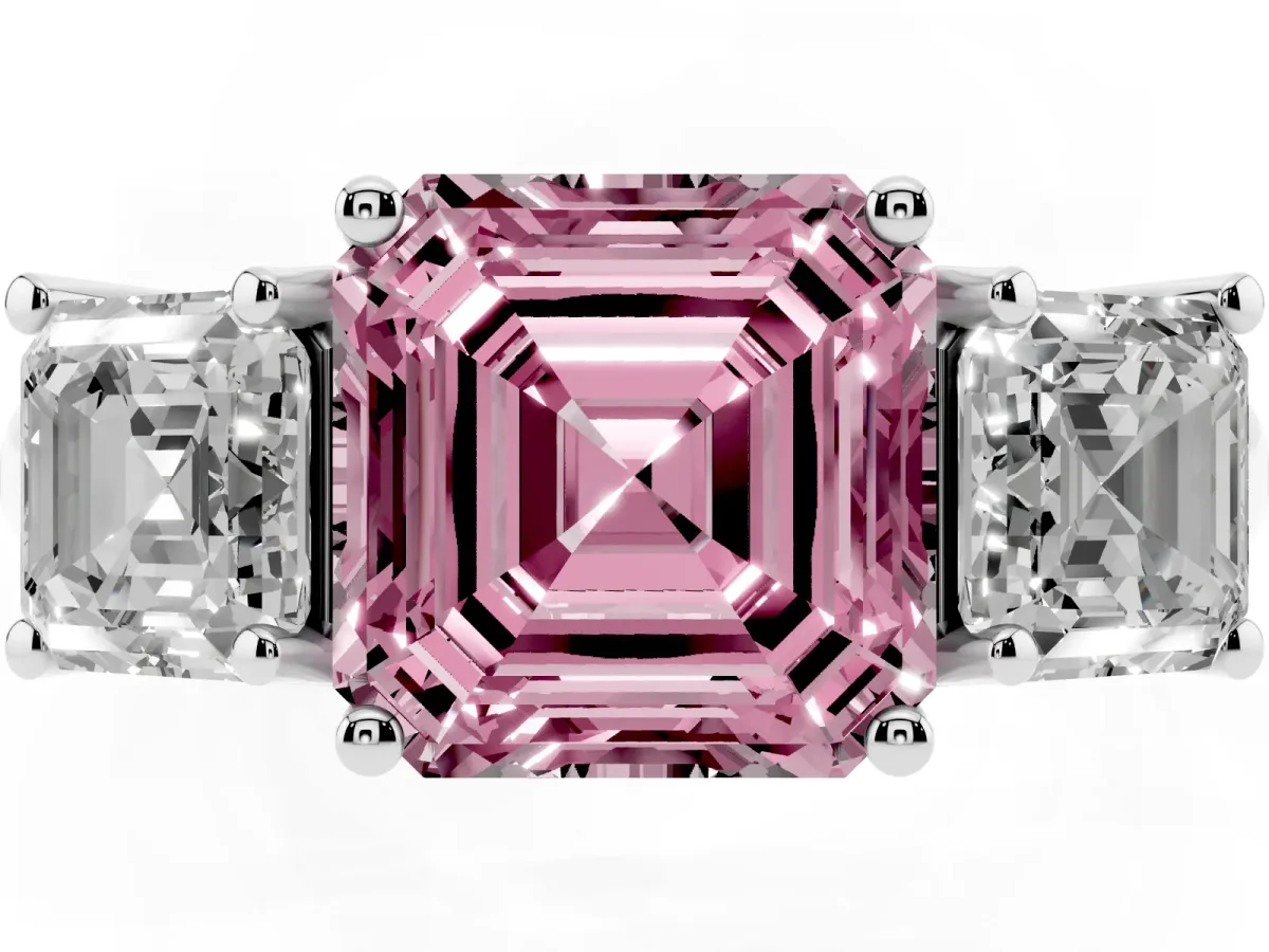 Fancy Pink Three-Stone Asscher Cut Diamond Engagement Ring with Prong Setting Silver