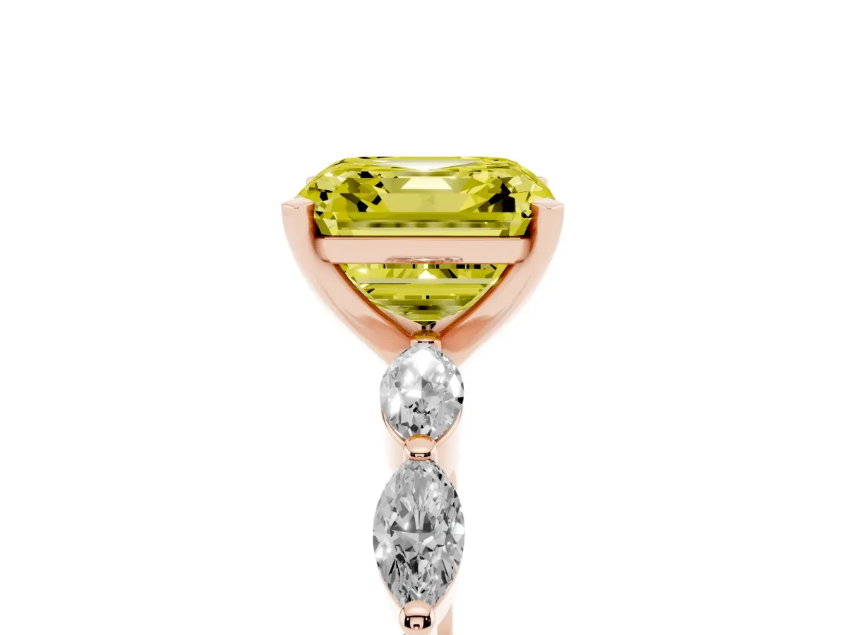 Fancy Yellow Asscher Cut Diamond Ring with Marquise Side Stones and Prong Setting Rose gold