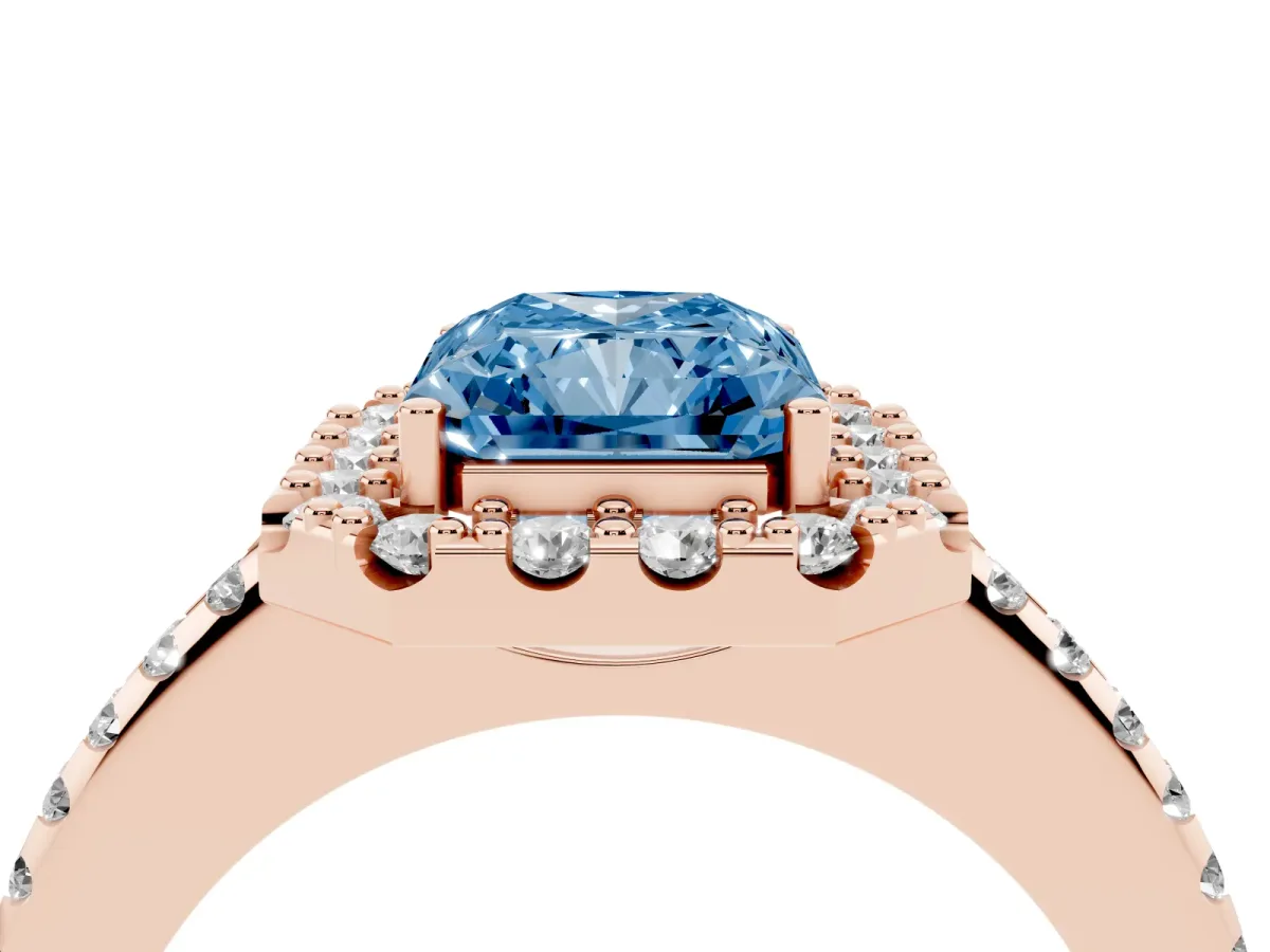 Fancy Blue Radiant Cut Diamond Pavé Halo Ring with Four-Prong Setting Rose gold
