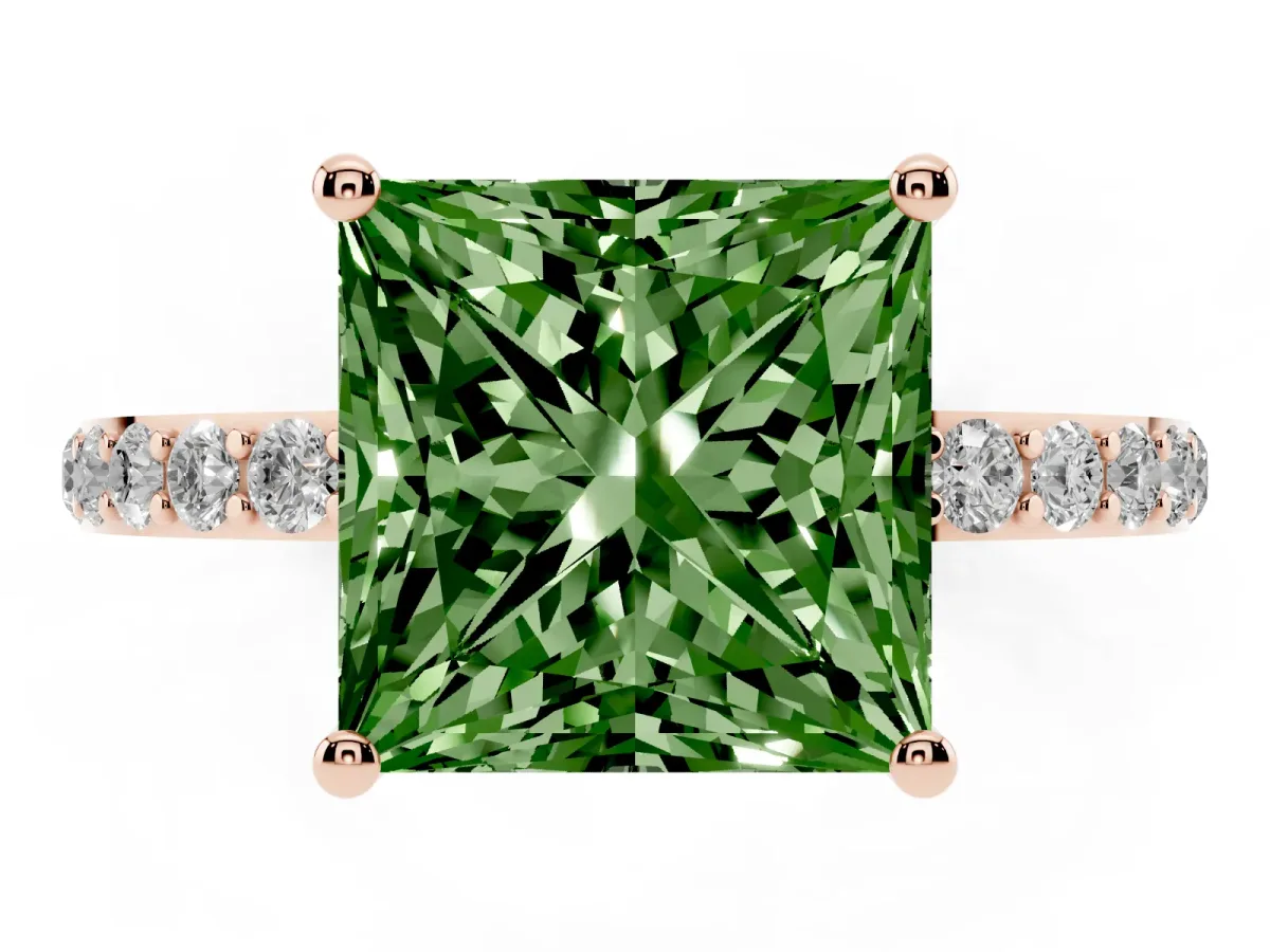 Fancy Green Princess Cut Diamond Solitaire Ring with Round Pavé Shoulders and Prong Setting Rose gold