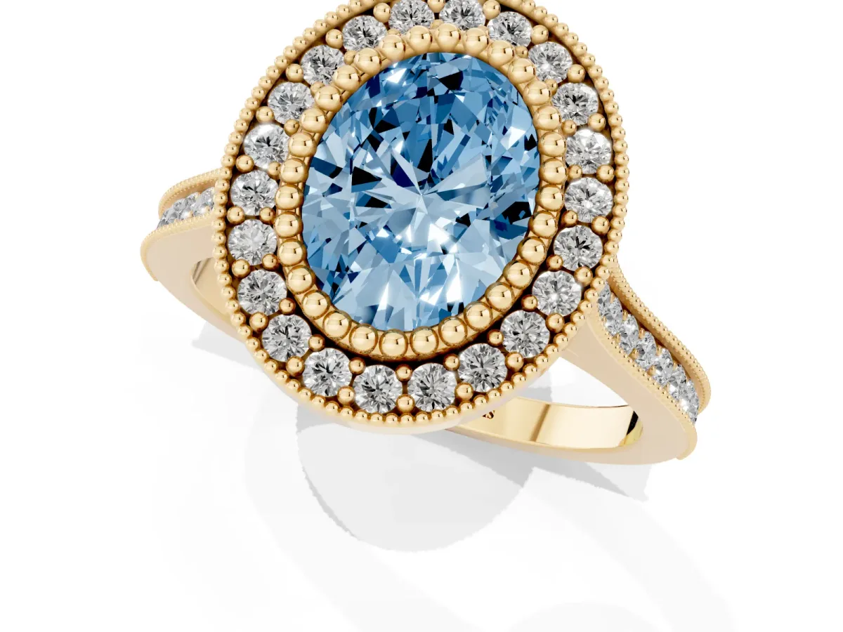 Fancy Blue Oval Cut Diamond Halo Ring with Milgrain Frame and Pavé Band Yellow gold