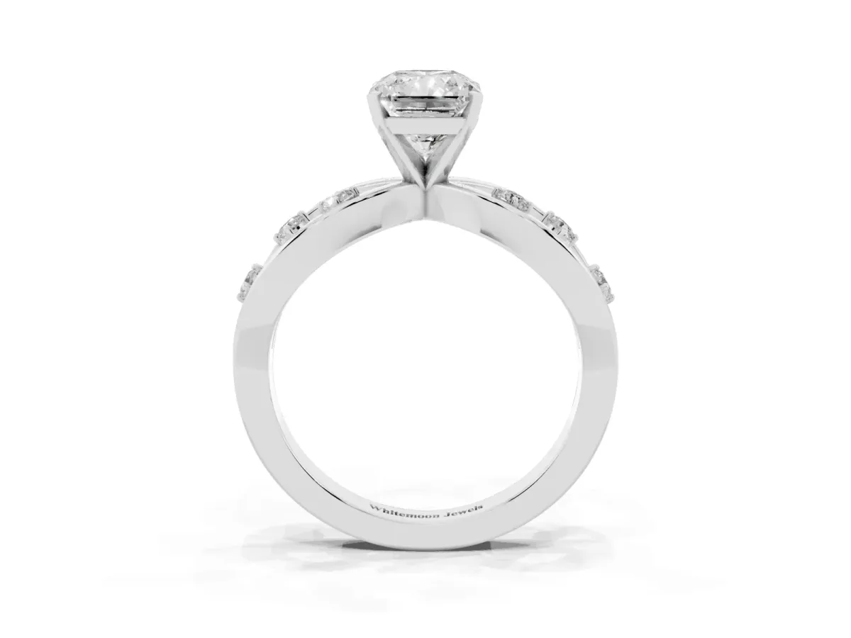 Radiant Cut Cut Solitaire Diamond with Side Stones on Criss-Cross Band and Four-Prong Setting Platinum