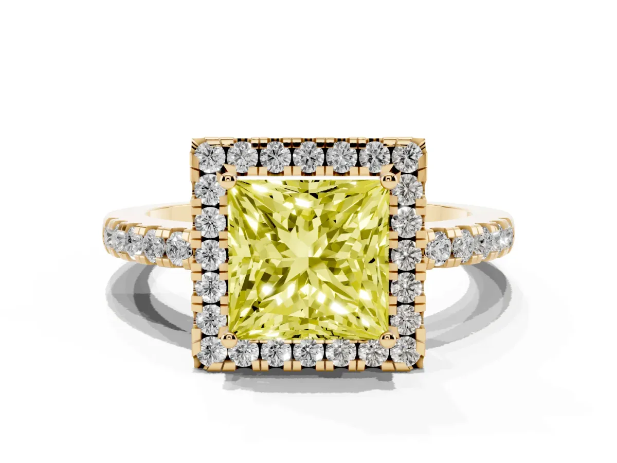 Fancy Yellow Princess Cut Halo Diamond Engagement Ring with Pavé Band and Four-Prong Setting Yellow gold