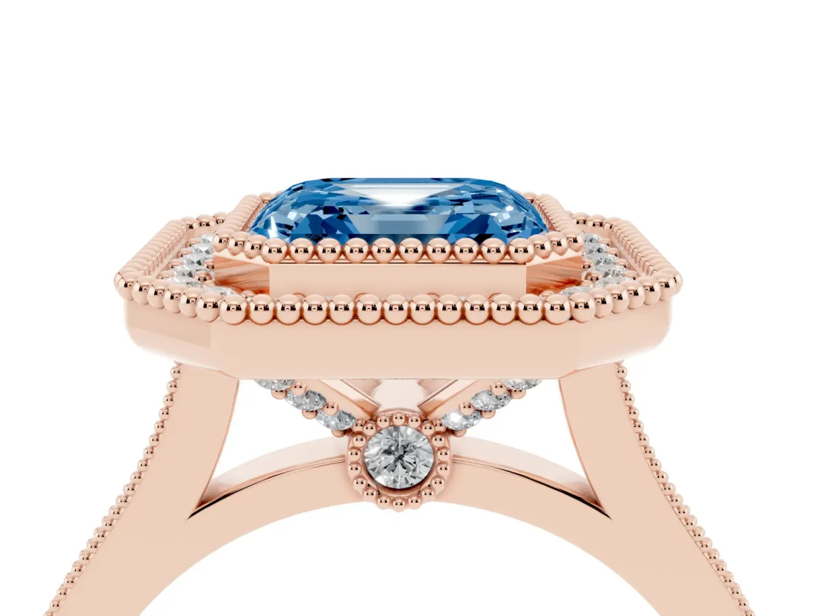 Fancy Blue Asscher Cut Diamond Halo Ring with Milgrain Frame and Pavé Band Rose gold