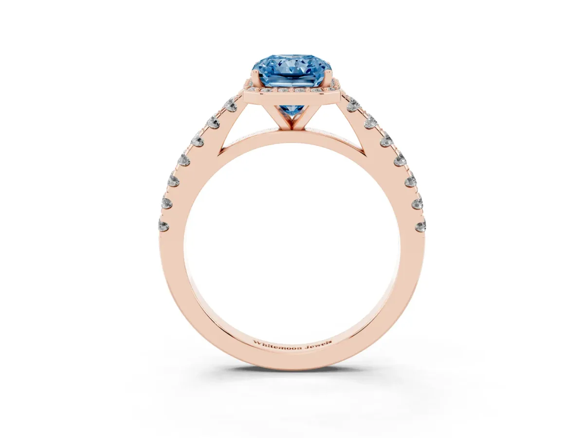 Fancy Blue Radiant Cut Cut Halo Diamond Engagement Ring with Pave Band and Four-Prong Setting Rose gold